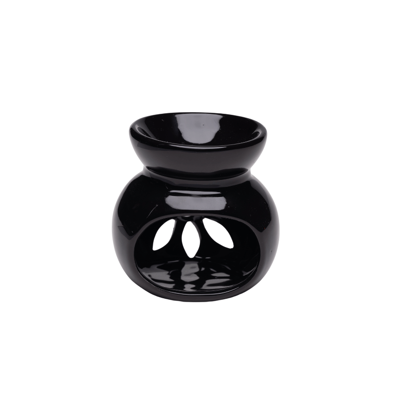 El Yapımı Küre Çiçek Oymalı Seramik Buhurdanlık Siyah