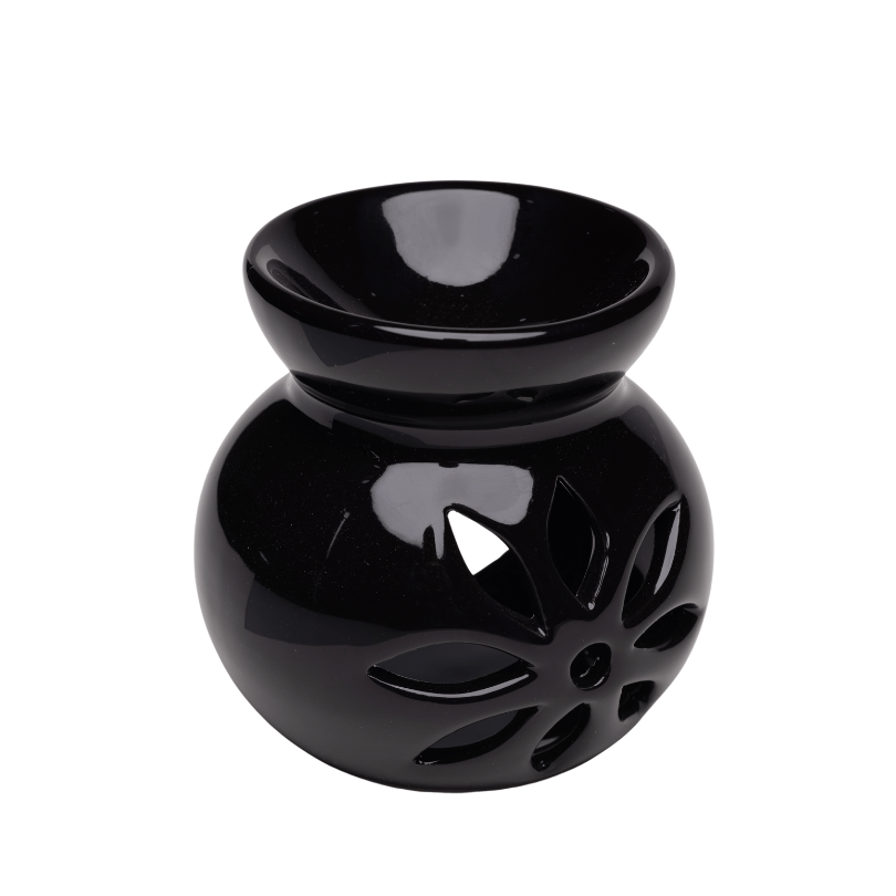 El Yapımı Küre Çiçek Oymalı Seramik Buhurdanlık Siyah